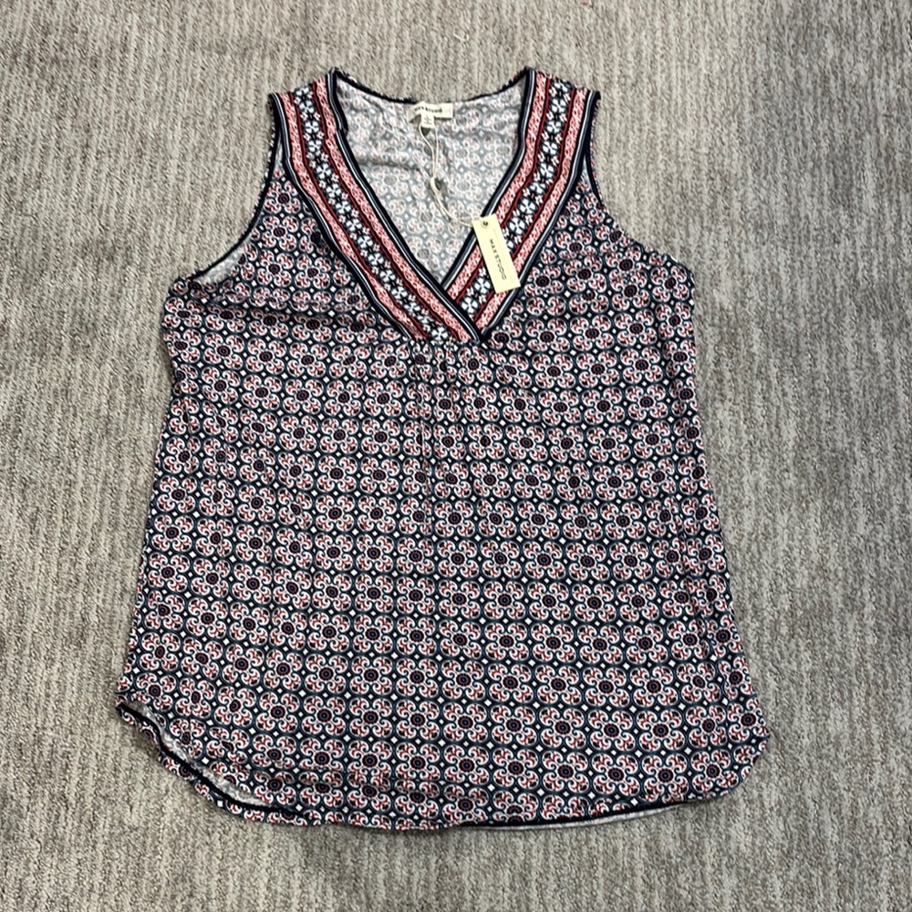 Max Studio V-Neck Tank Top - Navy, Red, White Pattern Large NWT
